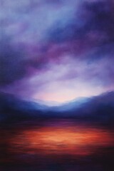 Fototapeta premium Abstract landscape with dramatic purple and blue clouds over distant mountains and a glowing orange reflection on a dark foreground