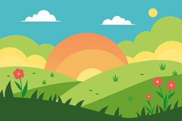 Fototapeta premium Sunset landscape, green hills, cartoon fields, sunny sky