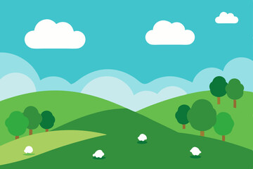 Fototapeta premium Green hills, cartoon landscape, white clouds, blue sky, vector illustration