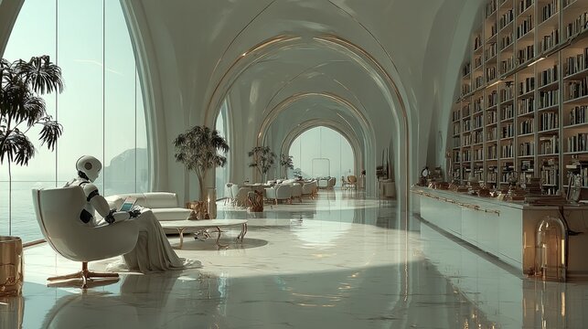 A serene, futuristic library lounge with a robot, overlooking a scenic vista