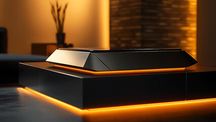 A sleek, modern podium product platform with a polished metallic finish, showcasing cutting-edge technology and designer products under ambient lighting, creating an atmosphere of sophistication and i