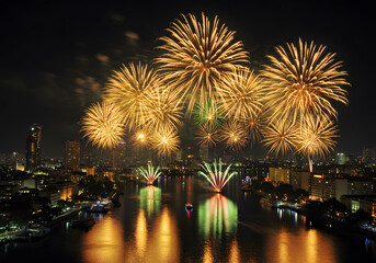 Fototapeta premium Colorful fireworks over city river