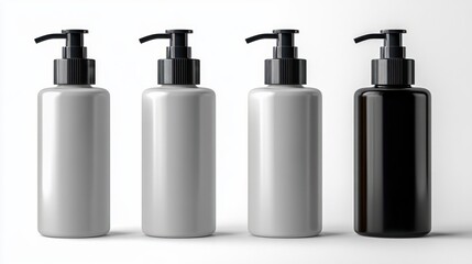 Four plastic pump bottles standing side by side on a white surface with three bottles in matte gray and one in glossy black under soft lighting