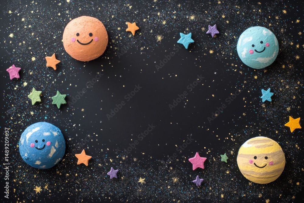 Poster create a delightful preschool background with smiling planets and tiny stars arranged in a spiral la