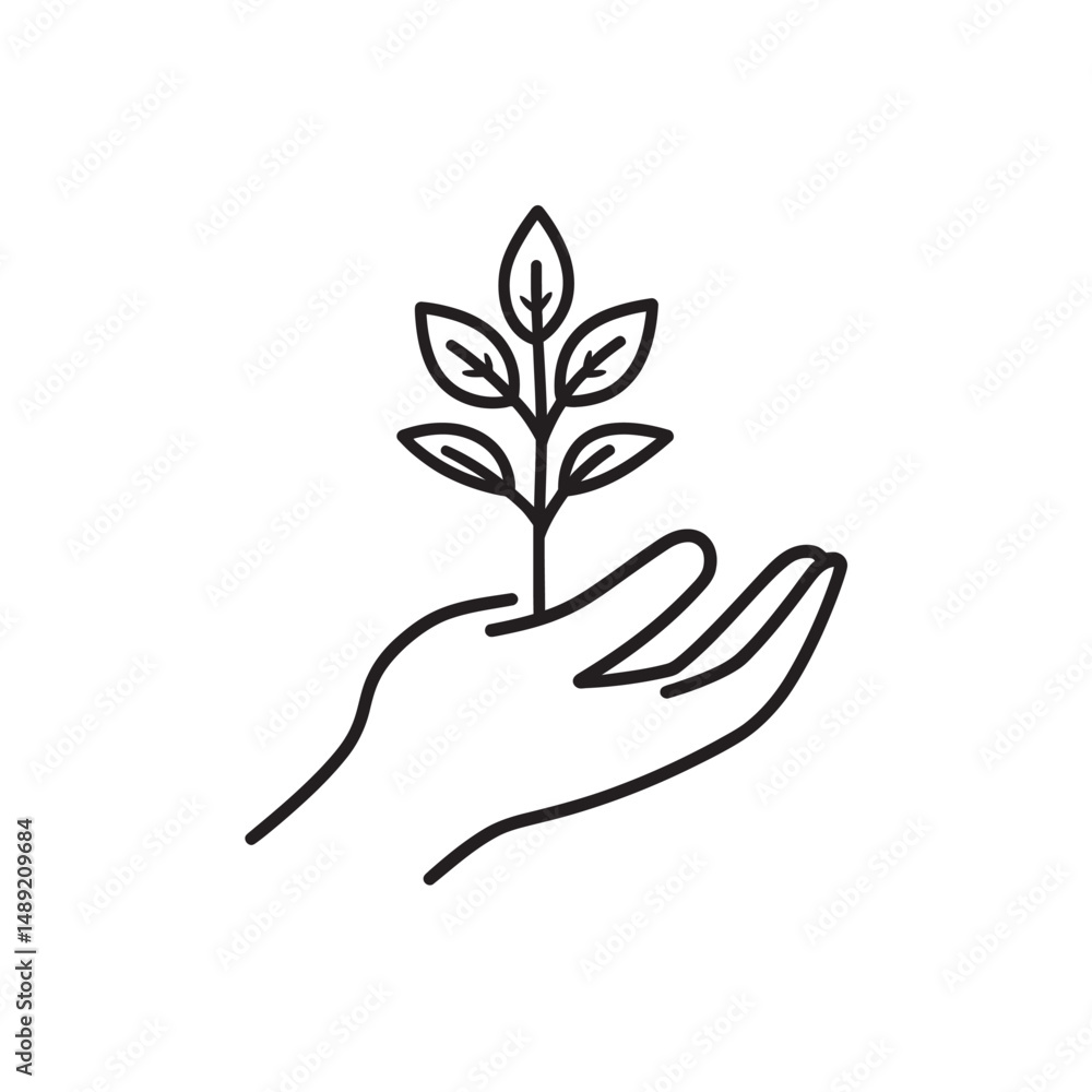 Poster open hand holding a simple sprout with leaves in outline style on transparent background