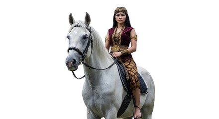 Fototapeta premium cartoon mythology beautiful naughty woman with traditional kemben costume riding a horse, centered on a white background, magical and epic, 
