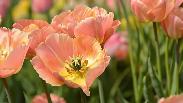 Close Up of Peach Colored Tulips with Yellow Centers and Green Foliage Natural Lighting