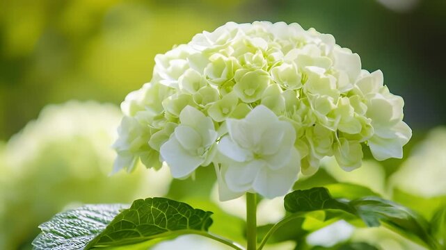 Lush White Hydrangea Bloom with Green Leaves in a Garden Setting Bathed in Soft Diffused Sunlight Against a Blurred