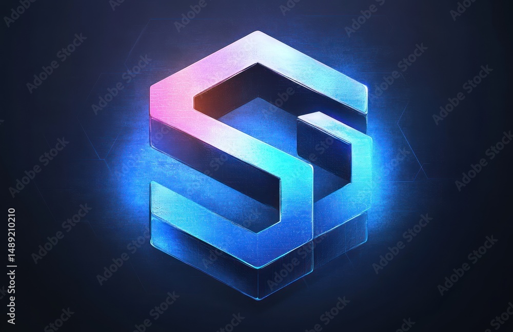 Poster 3d metallic blue and pink gradient stylized abstract geometric shape glowing against a dark backgrou