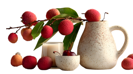 A minimalist white pitcher filled with fresh lychee juice, ideal for healthy lifestyle visuals, displayed on white --ar 16:9 --v 7.0 --s 750
