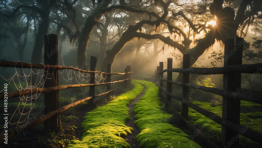 Poster Walking Path Through Forest with Moss and Sun Rays Filtering Through