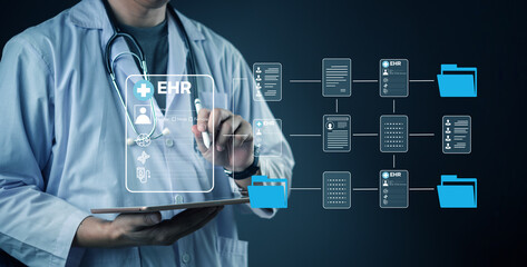 Naklejka na ściany i meble Smart healthcare management using EHR software with patient data visualization, cloud folders, secure integration, and medical documentation system.