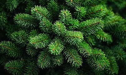 Lush, deep green evergreen branches create a dense, textured background