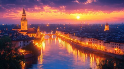 Naklejka premium Beautiful cityscape at sunset with river and illuminated historic buildings reflecting warm golden light creating calm and serene atmosphere