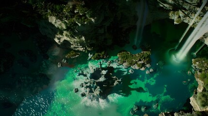 Sunny green magic river in the forest 