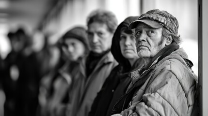 Naklejka premium A group of individuals waiting in a line, showcasing a range of expressions, in a dimly lit urban setting with blurred figures in the background, highlighting themes of patience and resilience