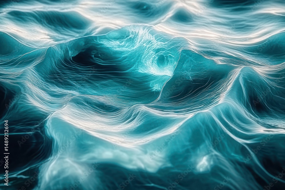 Poster close-up view of dynamic blue ocean waves with light reflections creating flowing and textured water