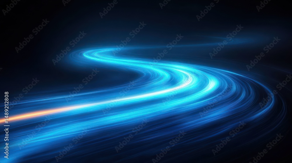 Poster glowing blue curved light trails on dark background creating dynamic motion and futuristic energy ef