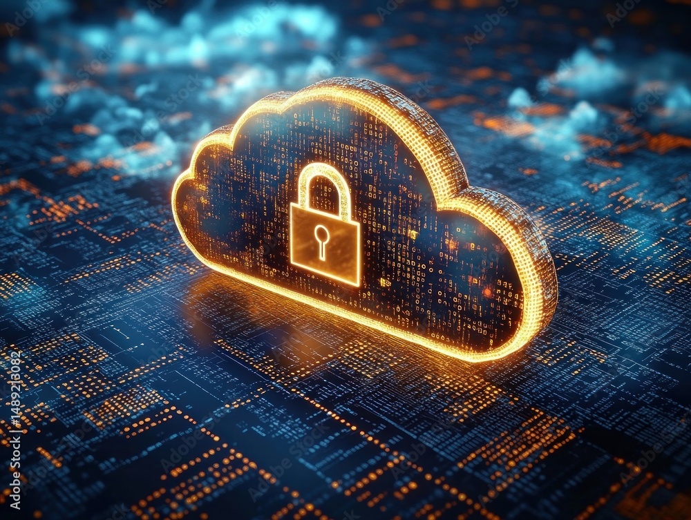 Poster glowing digital cloud icon with a lock symbol floating above a circuit board representing data secur