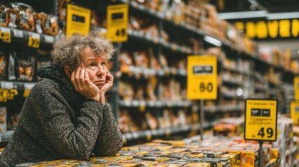 Fototapeta premium Concerned middle-aged woman in grocery store reacting to high food prices, shelves lined with exaggerated price tags, candid and highly detailed scene.