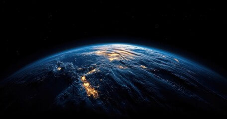 Obraz premium View of Earth from space at night showing illuminated city lights and cloud cover with a glowing horizon against a dark starry background