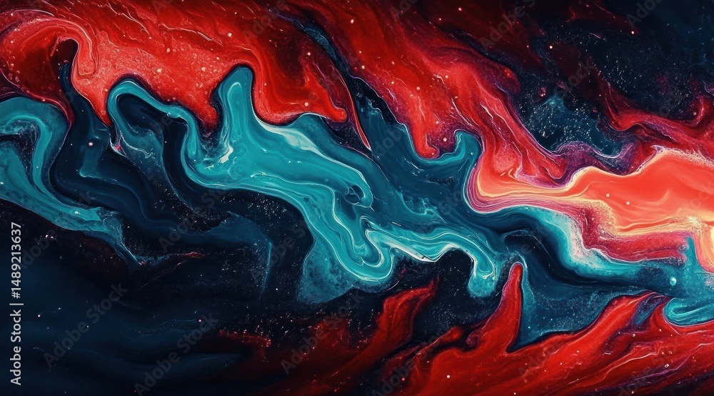 Poster abstract swirling pattern of red, blue, and black fluid paint with dynamic flowing waves and contras