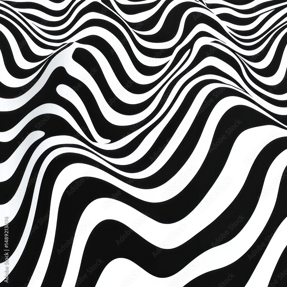 Poster abstract black and white wavy striped pattern creating an optical illusion of flowing hills and vall