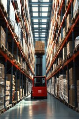 Naklejka premium Red forklift lifting stacked cardboard boxes in a brightly lit warehouse aisle with tall shelves filled with pallets and packages