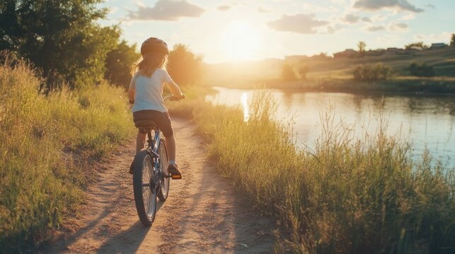 Child riding bicycle along river at sunset summertime outdoor activity