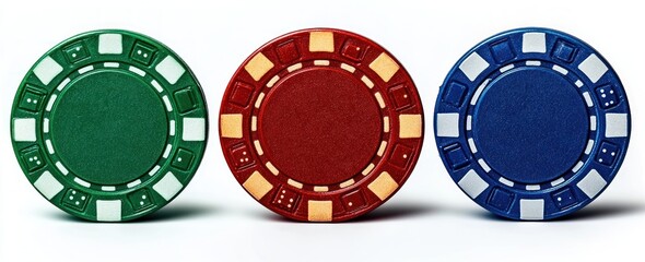 Close-up of three colorful poker chips in green, red, and blue arranged side by side on a white background, emphasizing texture and design details