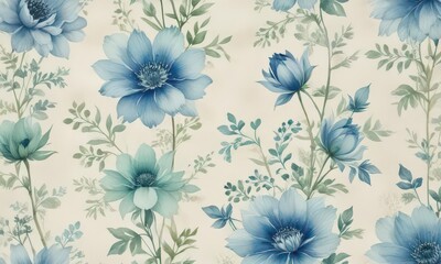 Fototapeta premium Subtle blue and green watercolor flowers on a creamy backdrop, intricate pattern , creamy background, nature, subtle