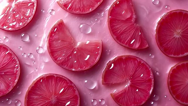 Pink grapefruit slices on a pink background with water droplets