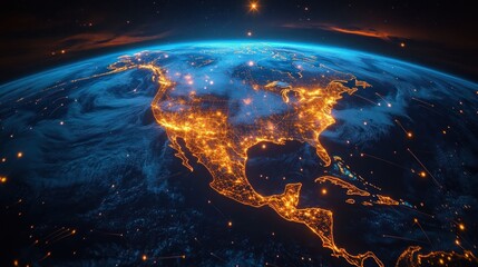 Illuminated map of North America seen from space at night with glowing city lights and surrounding clouds under a dark starry sky