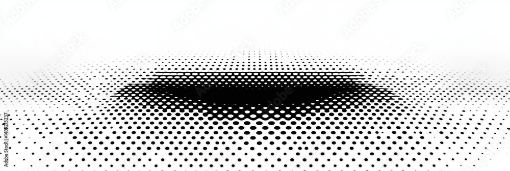 Poster black and white abstract halftone pattern with a dark central oval shape surrounded by evenly spaced