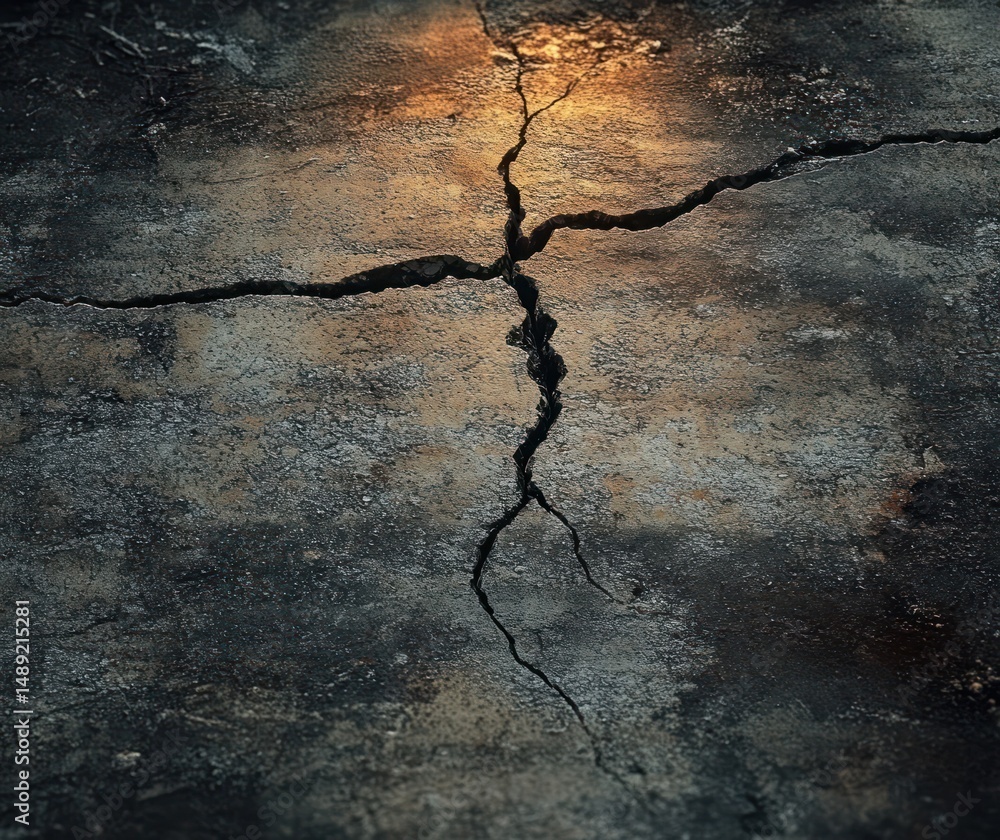 Poster close-up of deep cracks on a weathered concrete surface illuminated by soft warm light, evoking a se