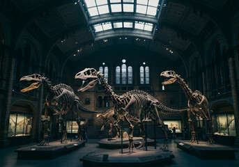 Dinosaur skeletons in museum hall