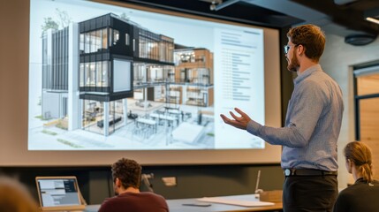 Architect presents public transport hub design, explaining layout and flow with blueprints.