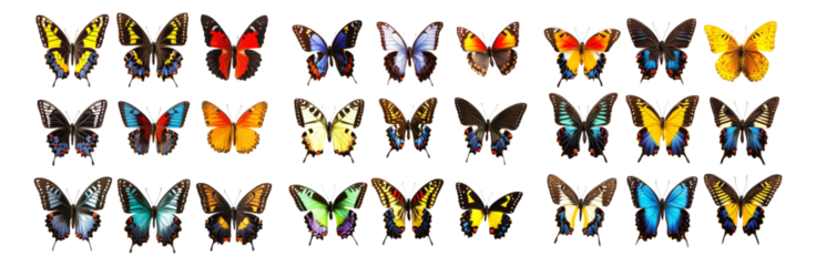 Colorful Collection of Various Butterfly Species in Detailed Display, Isolated on Transparent, white background
