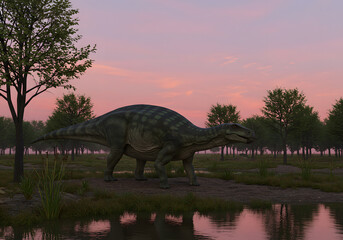 Fototapeta premium Dinosaur sunset landscape