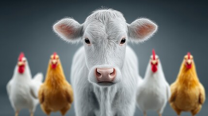 Fototapeta premium Adorable Calf with Chickens Farm Animals Countryside Scene Rustic Charm