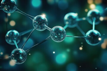 Close-up visualization of connected transparent spheres representing a molecular or atomic structure with glowing bokeh light effects in a dark teal background