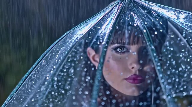 Rainy Day Reflection: A captivating gaze emerges from under the sheltering embrace of a transparent umbrella, as raindrops cascade, mirroring a moment of introspective beauty amidst the downpour.