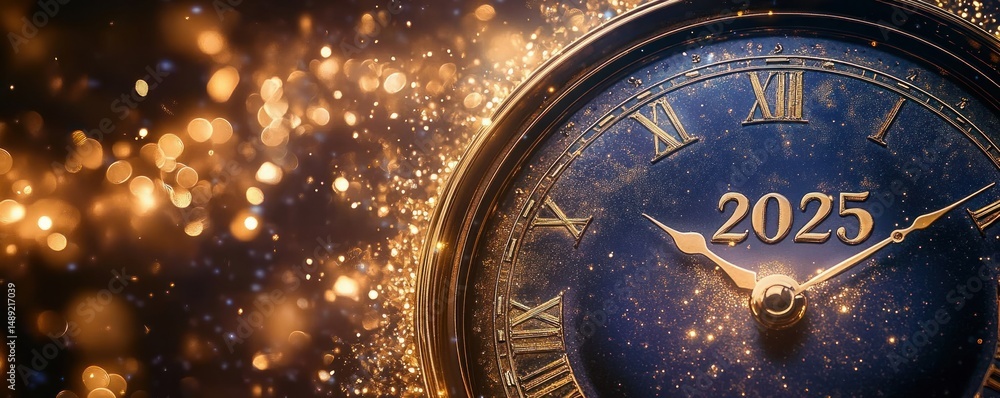 Poster close-up of an elegant clock face with roman numerals showing a time near midnight and glowing parti