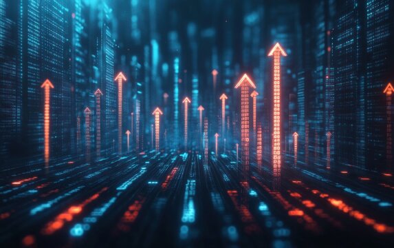 Glowing digital arrows rising amidst streams of blue and orange binary code representing data growth and technological progress in a futuristic virtual environment