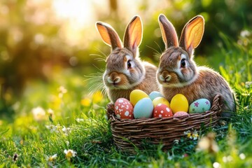 Two curious brown rabbits sitting next to a basket filled with colorful decorated eggs on green grass with soft sunlight in the background