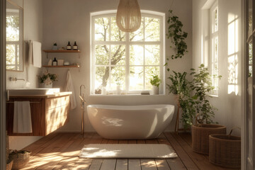 Elegant bathroom with white and beige walls, white basin with oval mirror, bathtub, shower, plants, and dark parquet floor. Modern minimalist bathroom.