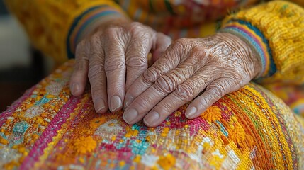 Close-up of elderly person's hands resting on vibrant, patterned fabric.  Wrinkled skin and delicate fingers are prominent