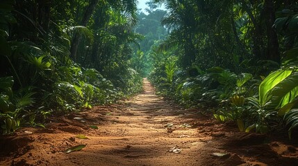 Sunlit dirt path through dense tropical rainforest vegetation with lush green foliage on both sides under a clear sky