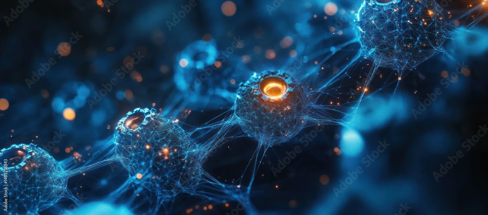 Poster close-up view of interconnected glowing blue and orange neural network structures resembling neurons
