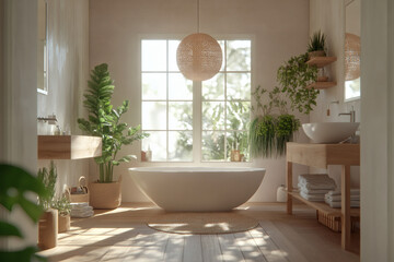 Fototapeta premium Elegant bathroom with white and beige walls, white basin with oval mirror, bathtub, shower, plants, and dark parquet floor. Modern minimalist bathroom.
